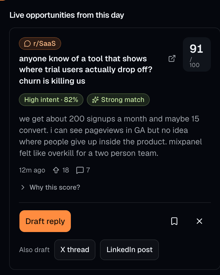 growthmaxxing live radar: a scored buying-intent thread from r/SaaS — 91 out of 100, caught 12 minutes ago, high intent, with a reply ready to draft